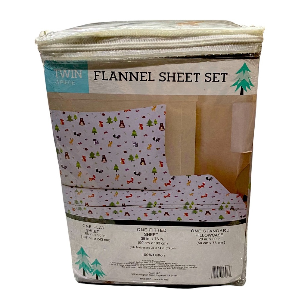 SOLD NEW Twin Flannel Sheet Set. 3 piece. forest animal theme. 100% cotton grey